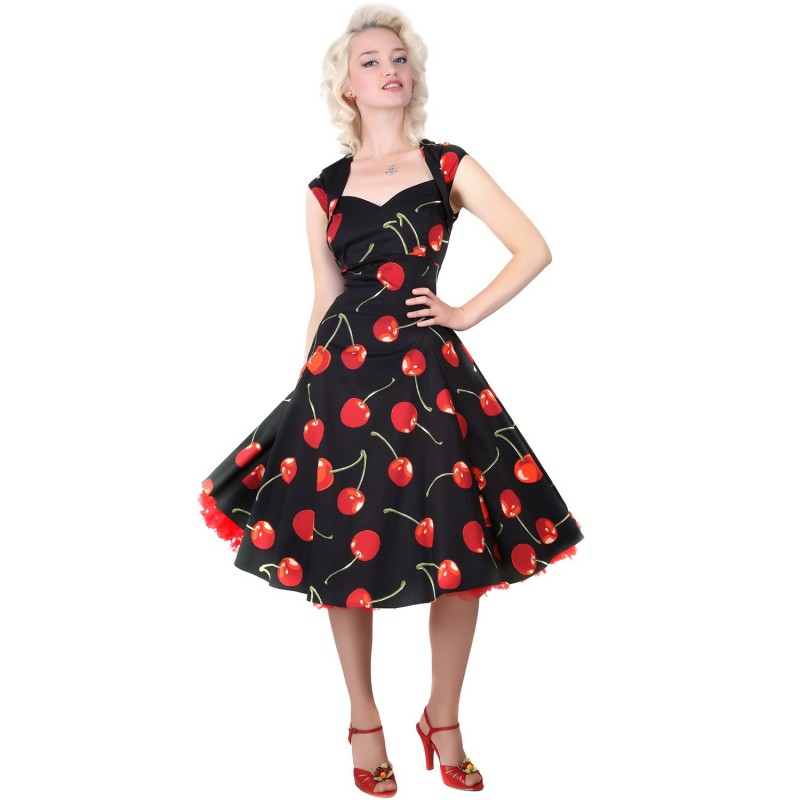 Vestido Estampado Cerejas Vintage Comprimento Médio Preto e Vermelho