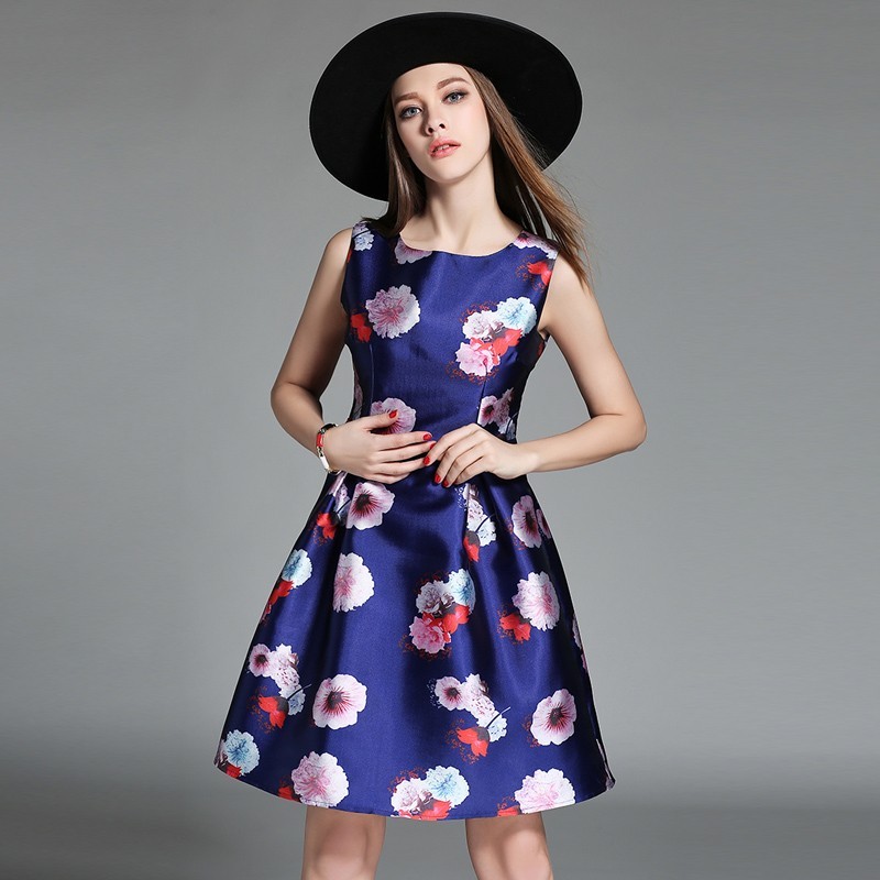 Vestido Cetim Estampado Floral Curto Azul 