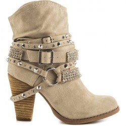 Bota Bege Nude Salto Geométrico Quadrado Ankle Boot