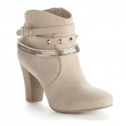 Bota Ankle Boot Bege Nude Salto Geométrico Quadrado