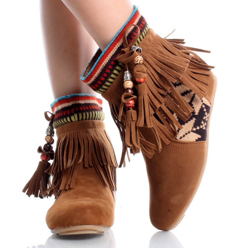 Bota Ankle Boot Franjas Tribal Marrom Couro