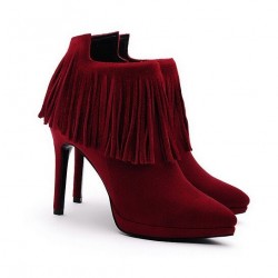 Bota Ankle Boot Vermelho Vinho Franjas Salto Alto Agulha