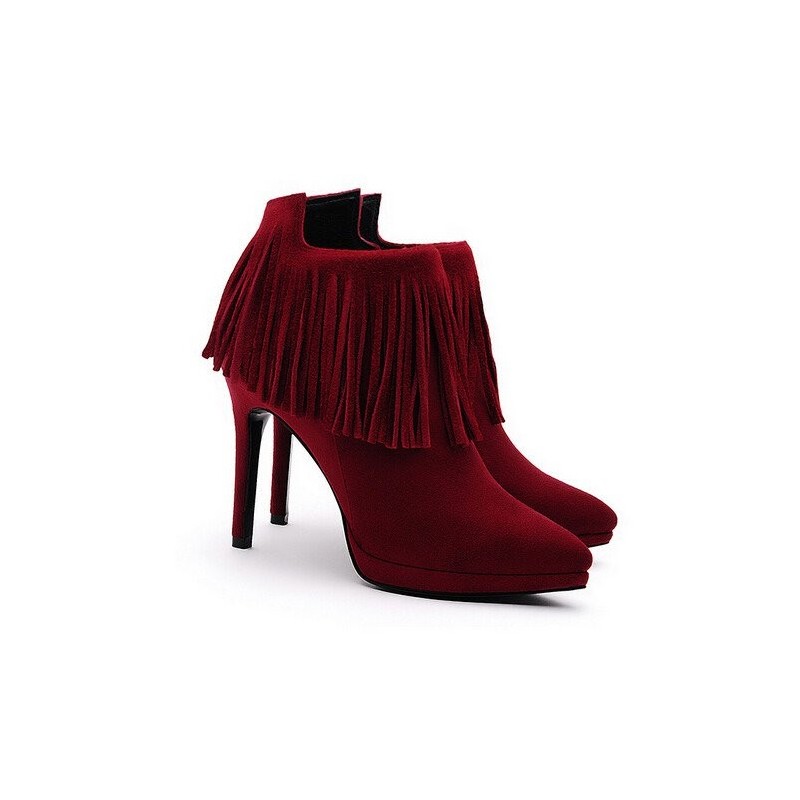 Bota Ankle Boot Vermelho Vinho Franjas Salto Alto Agulha