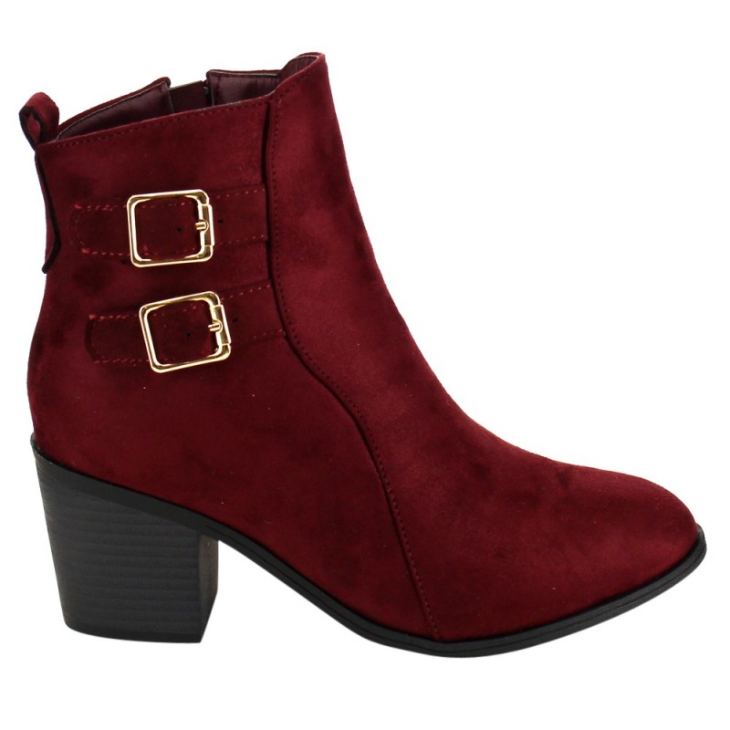 Bota Ankle Boot Vermelho Vinho Camurça Fivelas