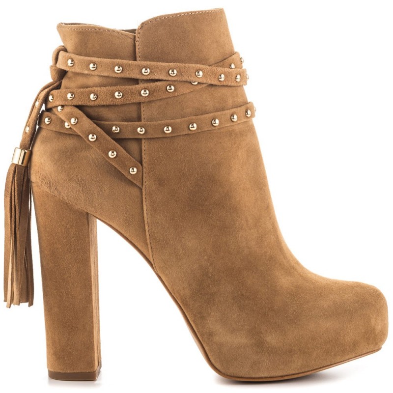 Bota Ankle Boot Nude Marrom Plataforma Camurça Salto Geométrico