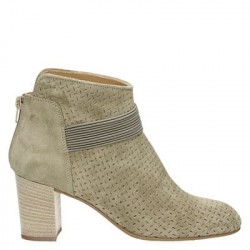 Bota Ankle Boot Nude Cinza Plataforma Camurça Salto Geométrico