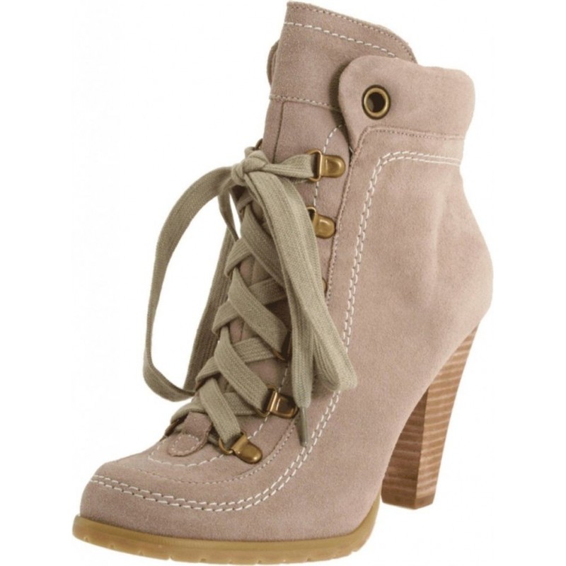 Bota Feminina Ankle Boot Nude Cadarço Salto Geométrico