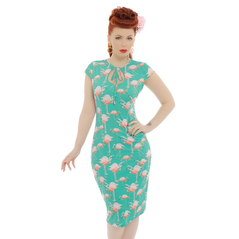 Vestido Flamingo Verde Anos 50 Justo Decote U