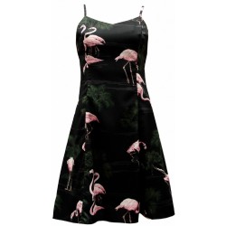 Vestido Estampado Flamingos Preto Curto Alcinhas