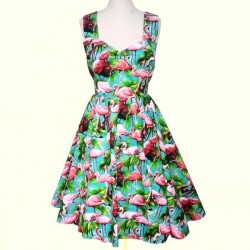 Vestido Estampado Flamingos Verde Curto Alças