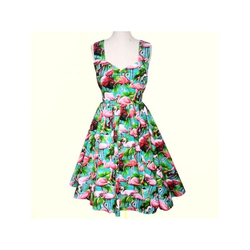 Vestido Estampado Flamingos Verde Curto Alças