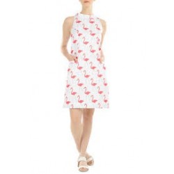 Vestido Estampado Flamingos Branco Curto Decote Alto