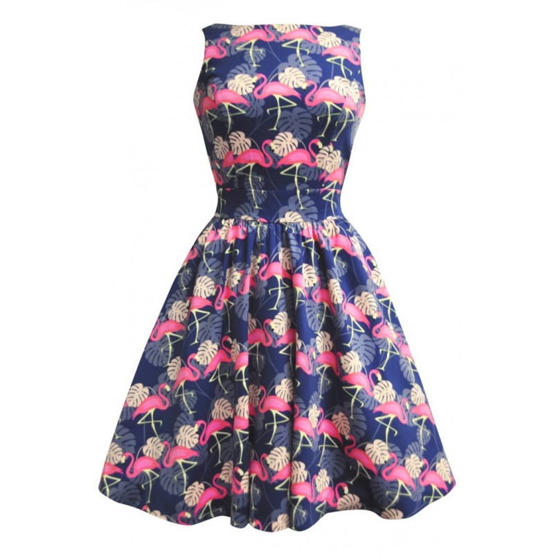 Vestido Flamingo Azul Godê Decote U Elegante