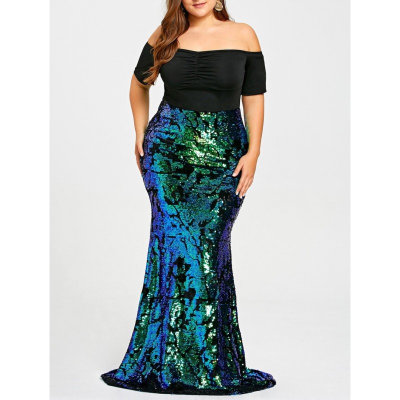 Vestido Longo Festa Sereia Preto Brilho Plus Size