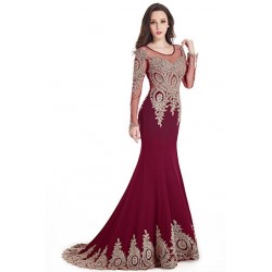 Vestido Festa Longo Sereia Vermelho Vinho Bordado Renda com Mangas