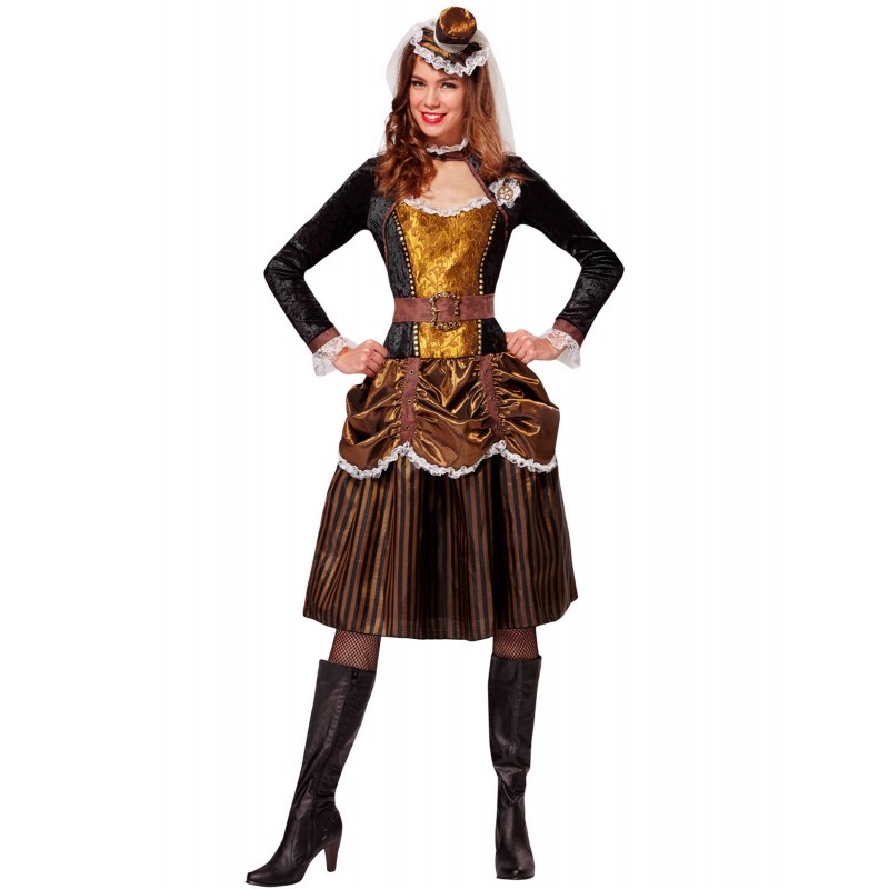 Fantasia Feminina Adulto Steampunk Vestido Marrom Cosplay Halloween Carnaval