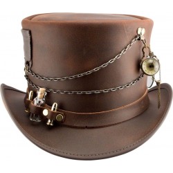 Chapéu Steampunk Unissex Couro Marrom Luxo Fantasia Cosplay Halloween Carnaval