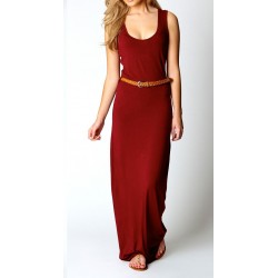 Vestido Casual Longo Maxi Dress Vermelho Malha Gola em U