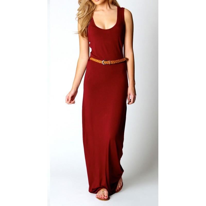 Vestido Casual Longo Maxi Dress Vermelho Malha Gola em U