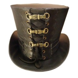 Chapéu Steampunk Marrom Couro com Fivelas Halloween Carnaval Cosplay