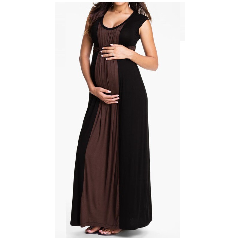 Vestido Longo Maxi Dress Gestantes Fluido Marron e Preto