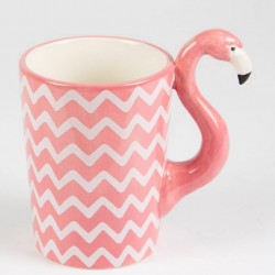 Caneca Porcelana Flamingo Alça Decorada Rosa e Branca Decorativa