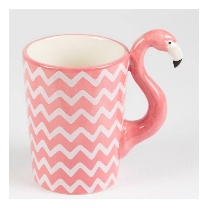 Caneca Porcelana Flamingo Alça Decorada Rosa e Branca Decorativa