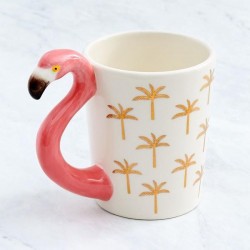 Caneca Café Porcelana Flamingo Palmeiras Alça Decorada Rosa e Branca Decorativa