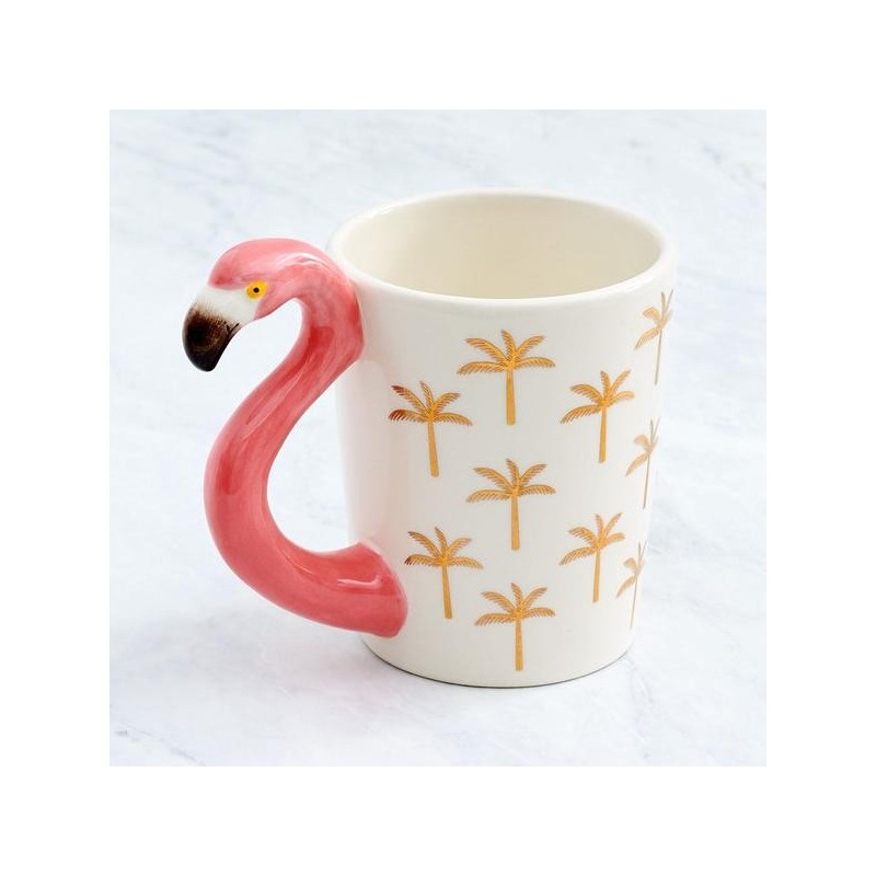 Caneca Café Porcelana Flamingo Palmeiras Alça Decorada Rosa e Branca Decorativa