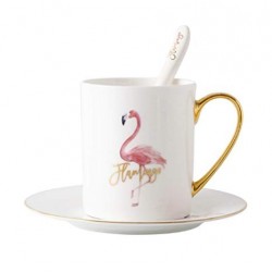 Caneca Café Porcelana Branca Flamingo com Pires e Colher Decorativa