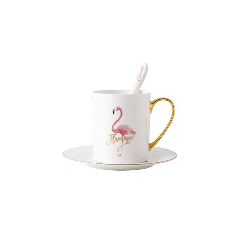 Caneca Café Porcelana Branca Flamingo com Pires e Colher Decorativa