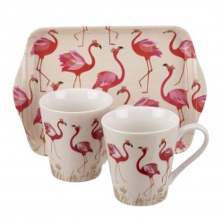 Conjunto de Canecas Porcelana Flamingo com Bandeja Decorativa