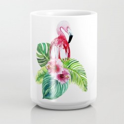 Caneca Cerâmica Flamingo Flores Branca Decorativa