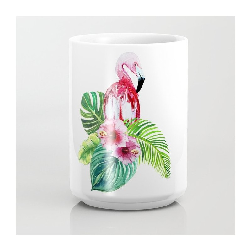 Caneca Cerâmica Flamingo Flores Branca Decorativa