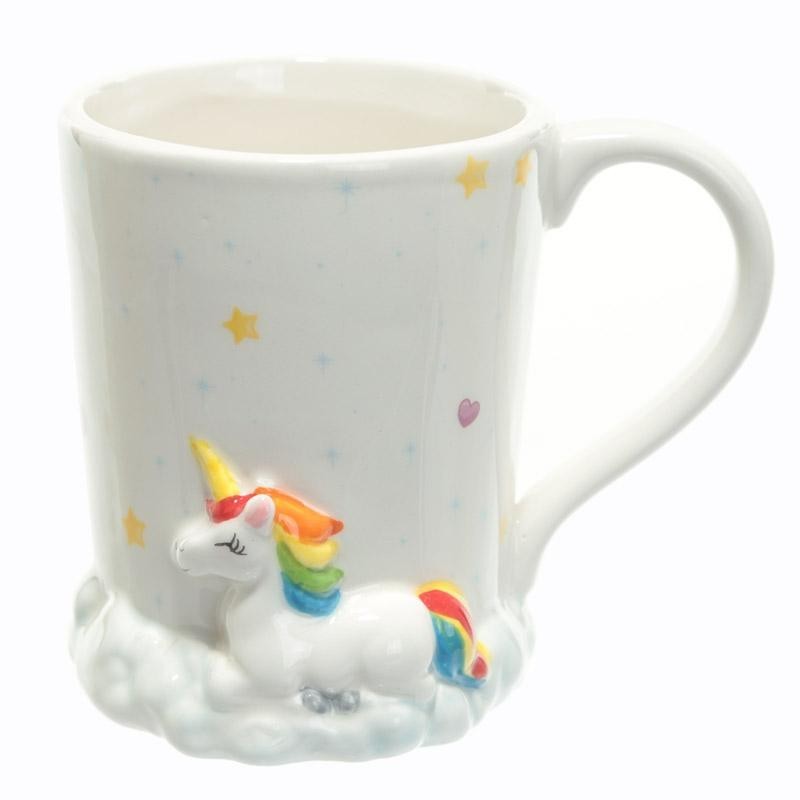 Caneca Café Porcelana Unicórnio Em Relevo Branca Decorativa