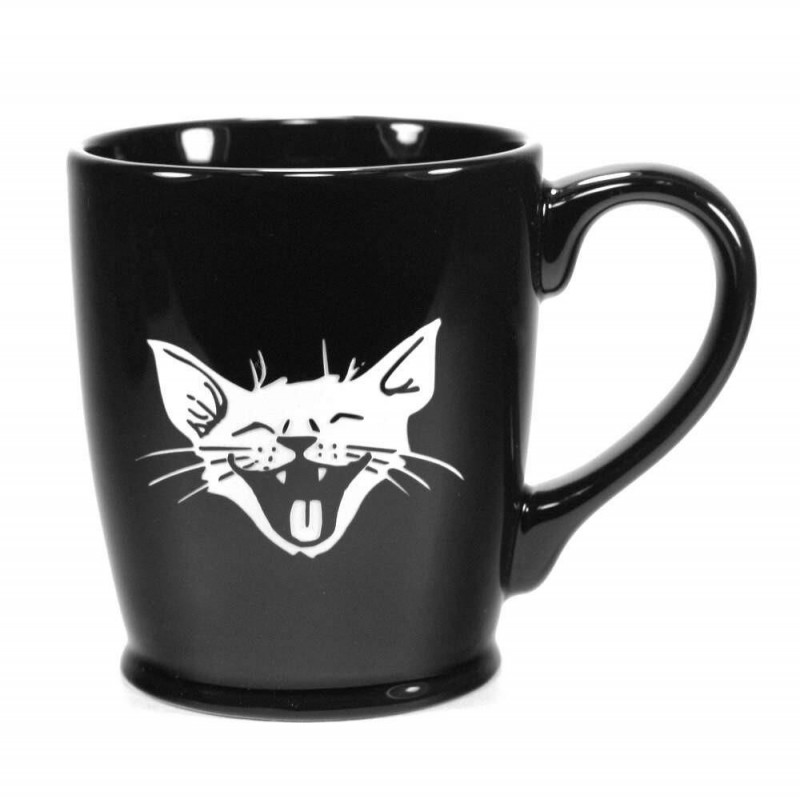 Caneca Porcelana Preta Gato Sorridente Decorativa Cat Lovers Presente