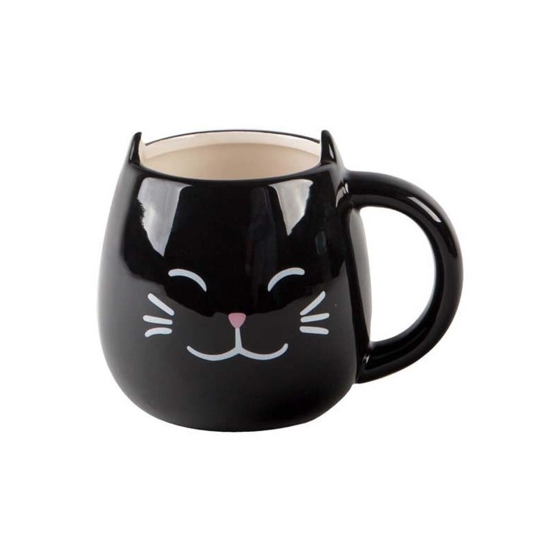 Caneca Porcelana Preta com Carinha e Orelha de Gato Decorativa Cat Lovers Presente