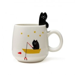 Caneca Gato Preto Pescando Cat Lovers Presente Decorativa 