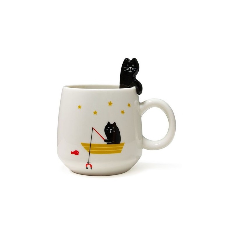 Caneca Gato Preto Pescando Cat Lovers Presente Decorativa 