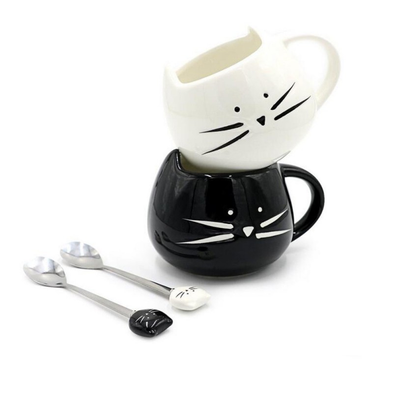 Conjunto Canecas Gato Preto e Branco Cat Lovers Presente Decorativa 