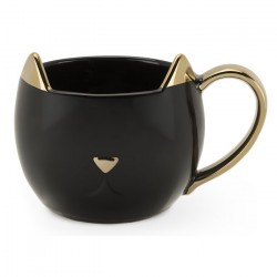 Caneca Porcelana Gato Preto com Dourado Cat Lovers Decorativa