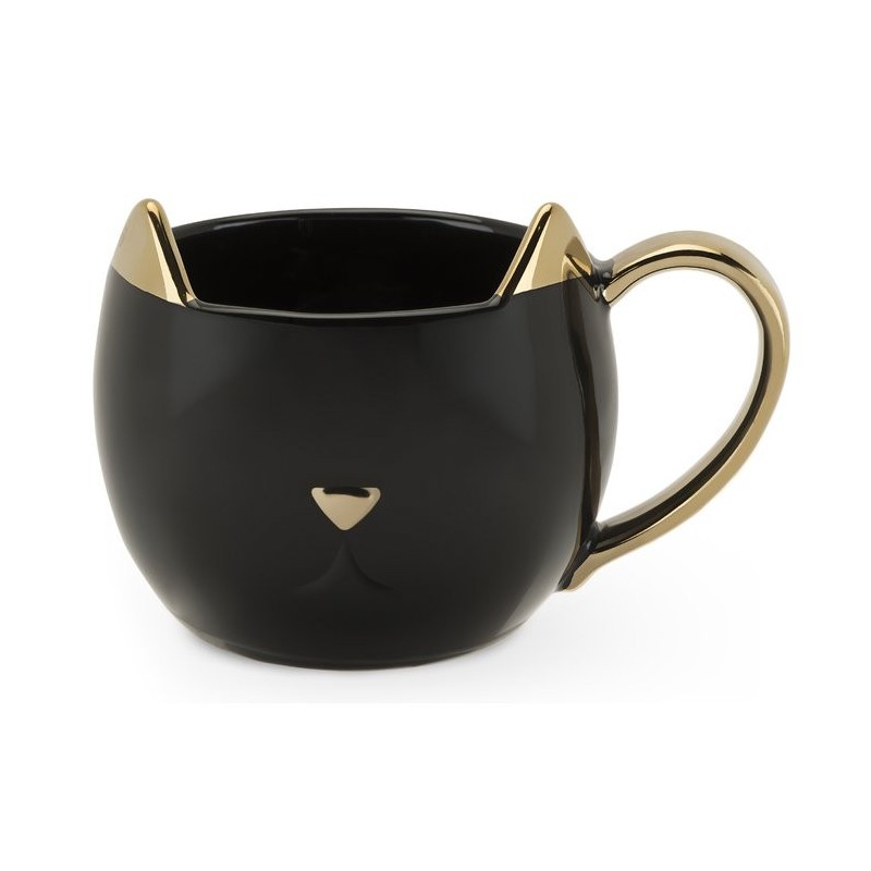 Caneca Porcelana Gato Preto com Dourado Cat Lovers Decorativa