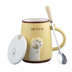 Caneca Cerâmica Pata de Gatinho com Tampo Amarela Decorativa Cat Lovers