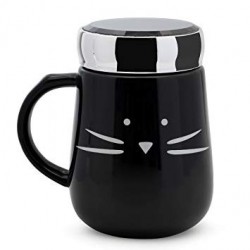 Caneca Gato Preto Cerâmica com Tampa de Inox Cat Lovers