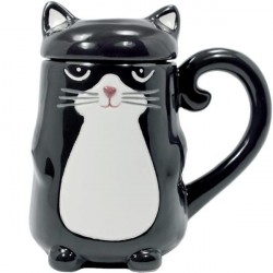 Caneca Gato Preto Cerâmica com Tampa Cat Lovers