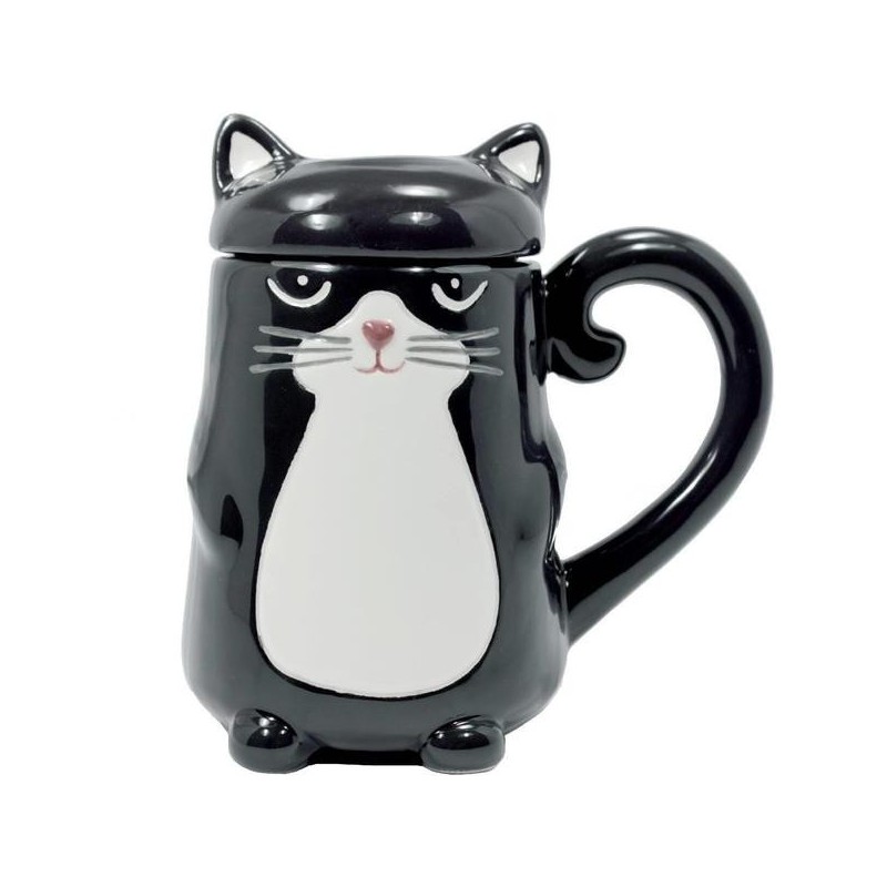 Caneca Gato Preto Cerâmica com Tampa Cat Lovers