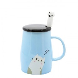 Caneca Cerâmica Azul com Tampa e Colher Gatinho Cat Lovers