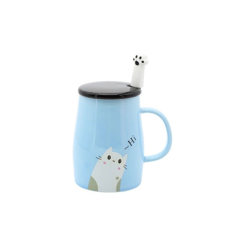 Caneca Cerâmica Azul com Tampa e Colher Gatinho Cat Lovers