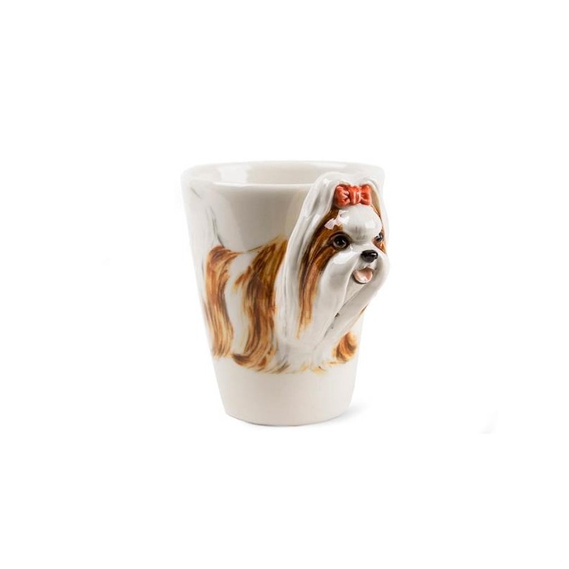 Caneca Cerâmica Shih Tzu Marrom e Branco Decorativa