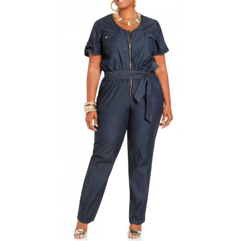 Macacão Feminino Jeans Ziper Laço Plus Size